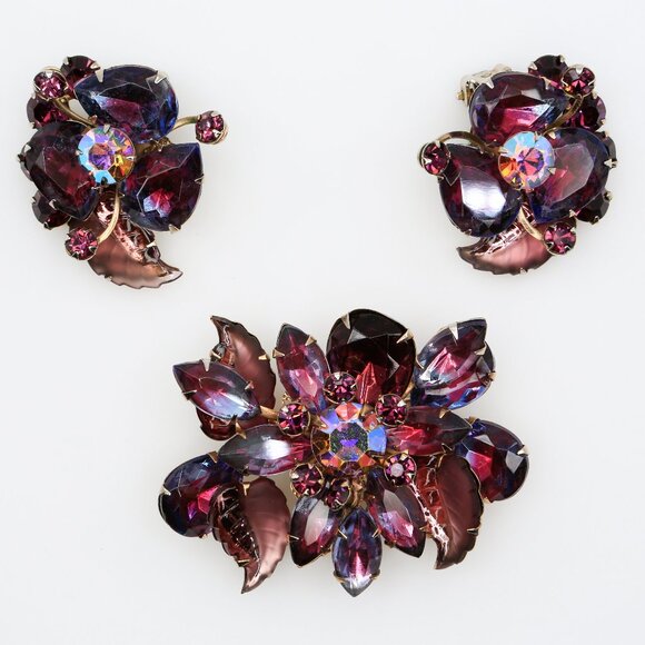 Vintage Glamorous Judy Lee Purple Watermelon Leaves Rhinestone Set 1960s - Picture 1 of 8